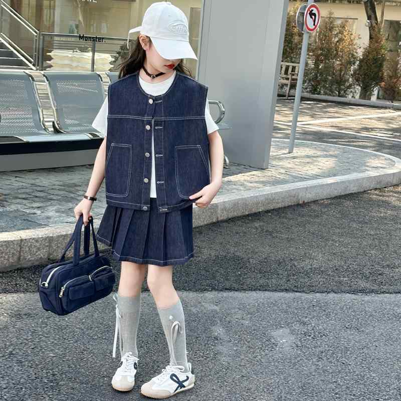キッズ 女の子 セットアップ 春夏 デニム ベスト ジレ プリーツスカート 3点セット 柔らかい素材 韓国ファッション かわいい ジュニア 120cm 130cm 140cm 150cm 160cm 170cm対応 カジュアル 普段着 通学服