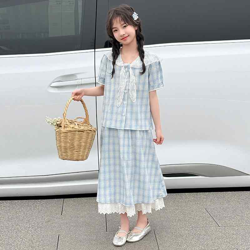 セットアップ 女の子 半袖シャツ スカート 2点セット 春夏 おしゃれ かわいい 韓国風 薄手 コットン チェック柄 ジュニア 小学生 中学生 通学 普段着