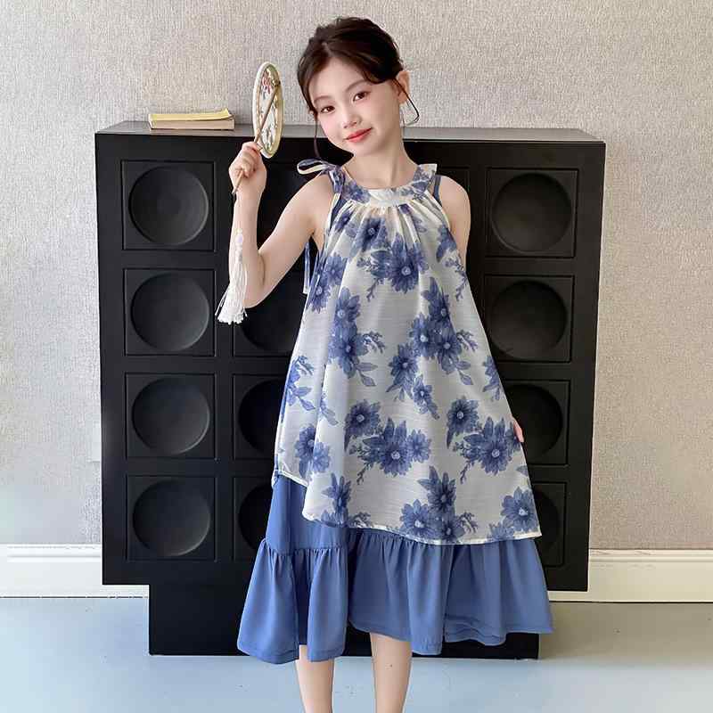 ワンピース 女の子 ジュニア 夏用 薄手 柔らかい 肌触り かわいい 重ね着 韓国風 中国風 漢服風 小花柄 コットン セットアップ