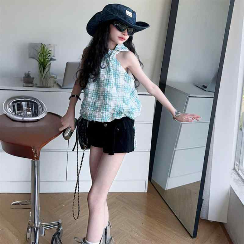 キッズセットアップ 女の子 ホルターネック ノースリーブ チェック柄トップス ショートパンツ 2点セット スクールテイスト ミントグリーン 白 夏物 薄手 コットン 柔らか素材 ジュニア 通学 普段着