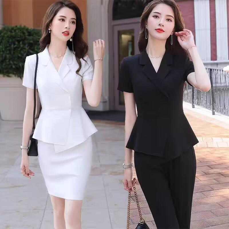スーツ セットアップ レディース 半袖 春夏 ホワイト オフィス ビジネス 通勤 制服 受付 美容師 宝石店 ユニフォーム 上品 エレガント 薄手 ポリエステル