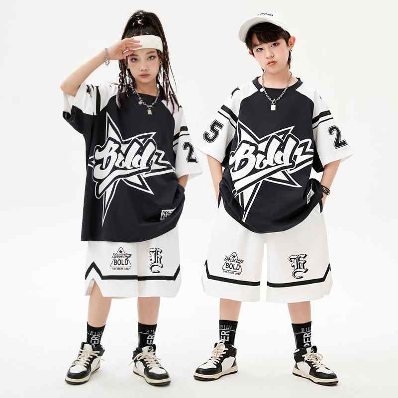 キッズ ジュニア ダンス 衣装 男の子 女の子 ヒップホップ ストリート系 黒白 切り替え 半袖 セットアップ クール カジュアル 発表会 ステージ衣装 ポリエステル 吸汗速乾