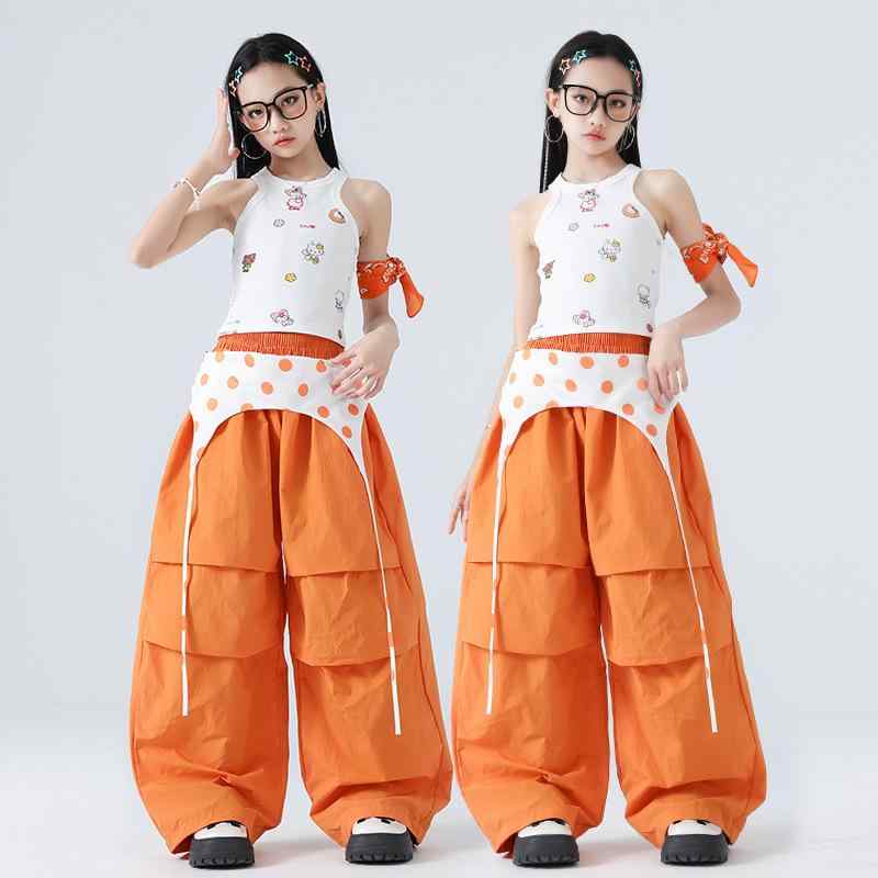 キッズ 女の子 ダンス衣装 ジャズダンス ヒップホップ クール トレンド ストリート系 発表会 舞台 ステージ衣装 春夏 ベスト ロングパンツ セットアップ ポリエステル素材