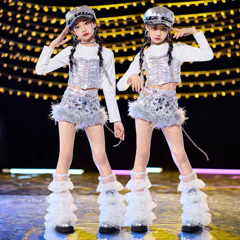 キッズ ダンス衣装 女の子 ヒップホップ ストリート ジャズ 光沢感 シャイニー エナメル調 パンツ 上下セット 白トップス シルバーパンツ 発表会 舞台 ステージ パフォーマンス ガールズ