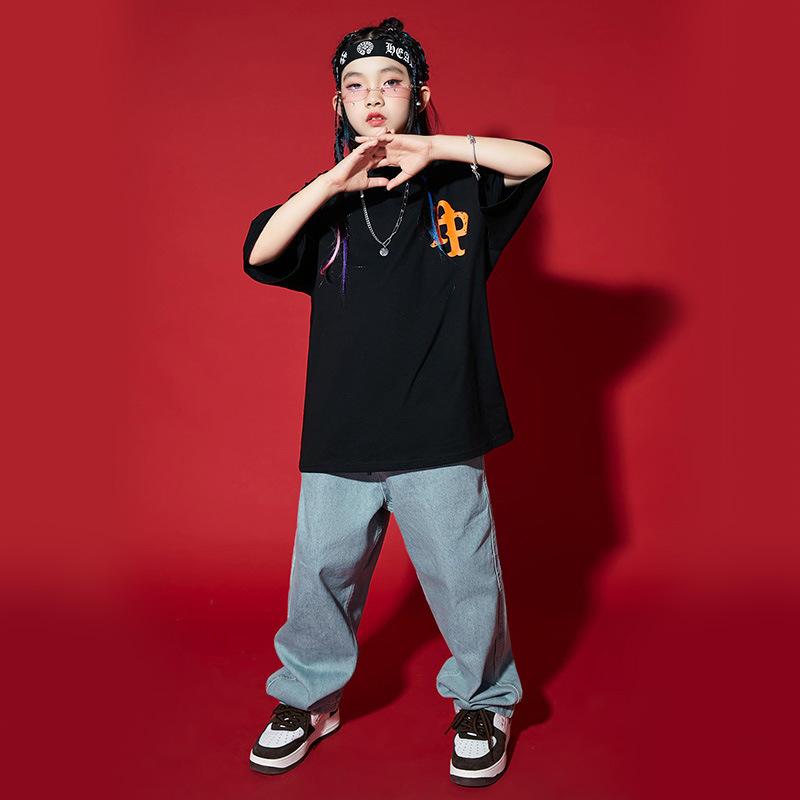 キッズ 女の子 ダンス衣装 ヒップホップ ストリート カジュアル セットアップ 半袖 Tシャツ デニムパンツ 長ズボン 上下セット 発表会 練習着 舞台 演出服 オールシーズン
