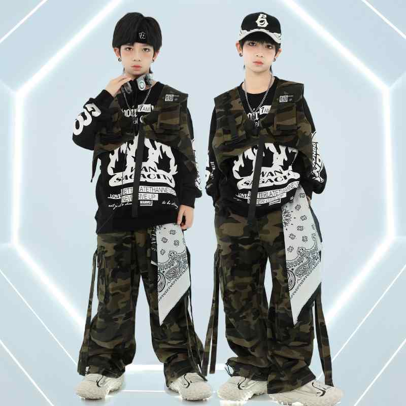 キッズ 男の子 女の子 ヒップホップ ダンス衣装 秋冬 ストリート ジャズダンス ベスト セットアップ 発表会 ステージ 練習着 吸汗速乾 ポリエステル素材
