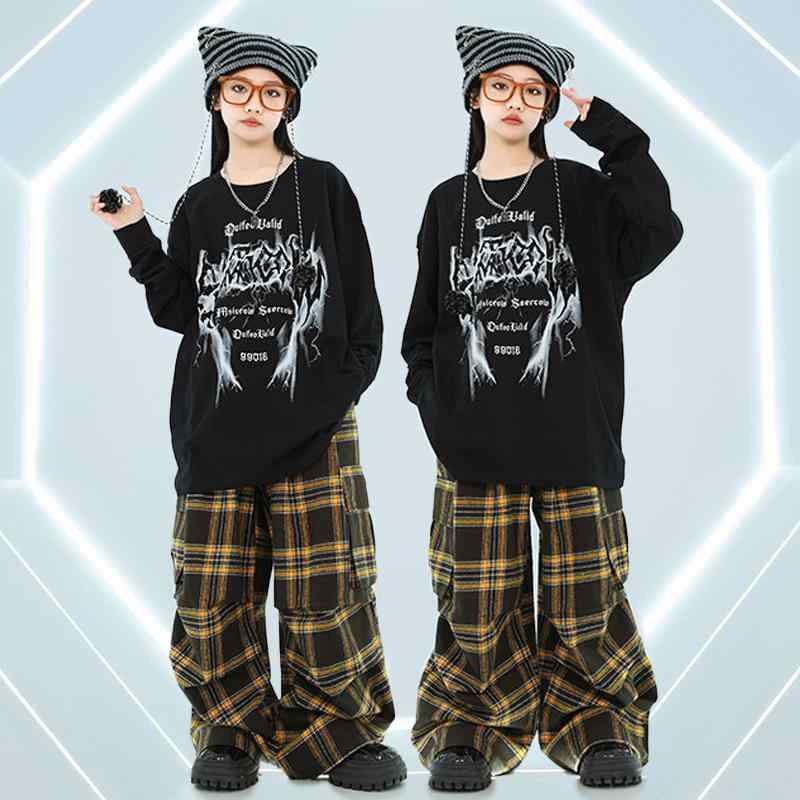 キッズ ダンス衣装 おしゃれ ヒップホップ ジャズ ストリート 発表会 練習着 セットアップ 男女兼用 ブラック イエロー チェック柄 Tシャツ 長ズボン ポリエステル