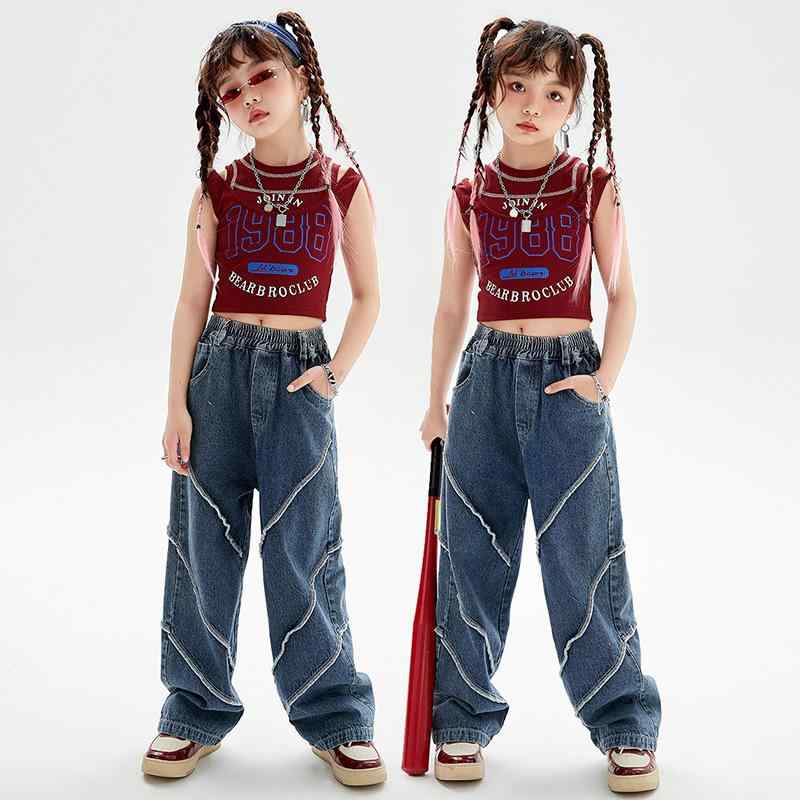 キッズ ダンス衣装 女の子 ガールズ ジャズ ヒップホップ ストリート デニムロングパンツ おしゃれ 練習着 レッスン着 発表会 衣装 カジュアル