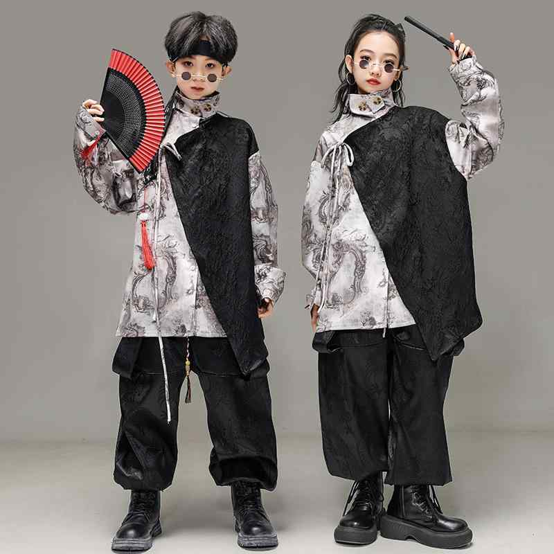 キッズ ダンス衣装 男の子 女の子 チャイナ風 ヒップホップ セットアップ 黒 グレー 切り替え シャツ 黒竜紋 ワイドパンツ ポリエステル素材 夏 ドラム 発表会用