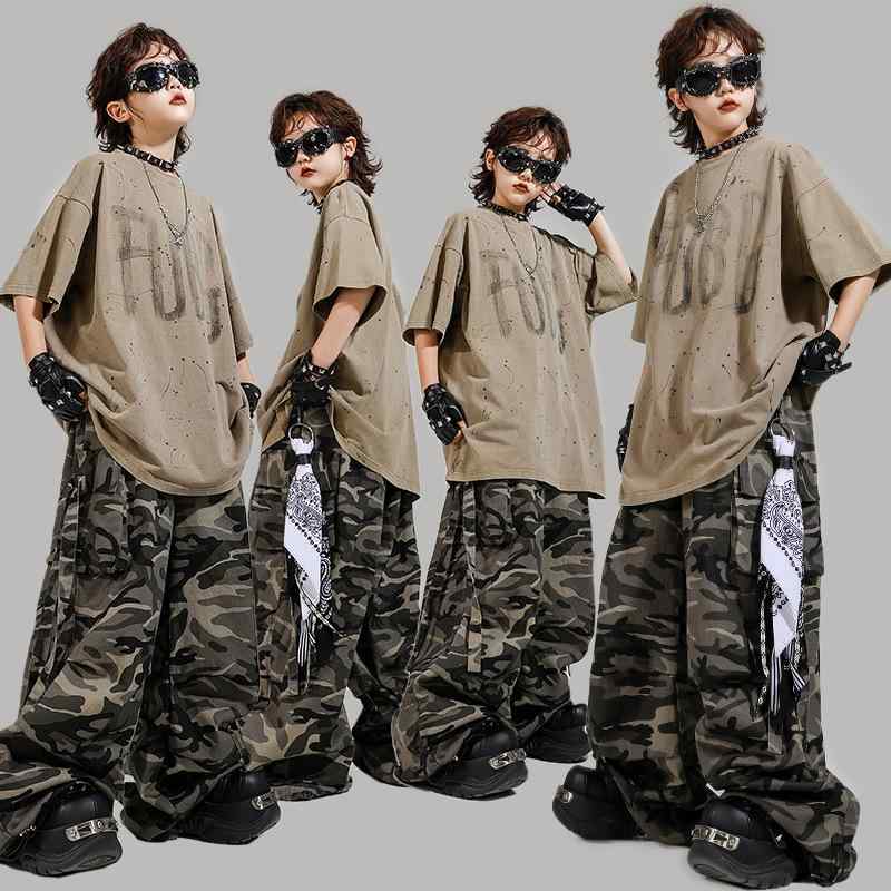 ダンス衣装 子供 キッズ 男の子 男女兼用 ストリート ヒップホップ 迷彩 セットアップ 半袖 長ズボン アメカジ風 ソフトな肌触り 発表会 パフォーマンス