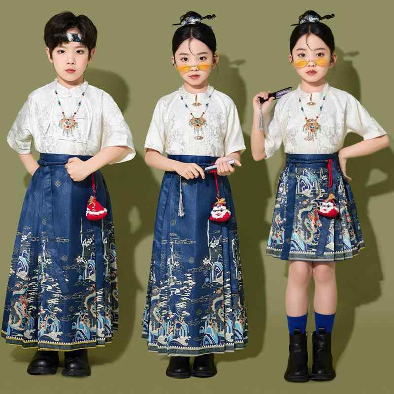 子供用発表会衣装 キッズ 男の子 女の子 中国風 漢服 馬面スカート ダンス衣装 舞台 コーラス チアリーディング 卒業式 団体服 イベント コスチューム 快適 ポリエステル素材
