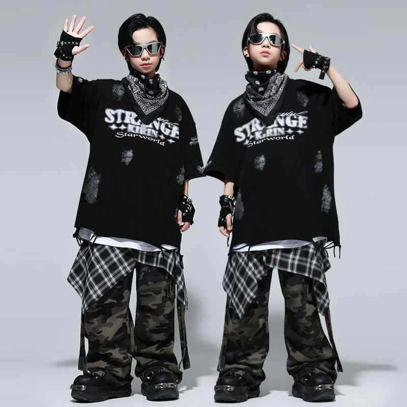 ダンス衣装 キッズ 男の子 女の子 ゆったり ヒップホップ ストリート カジュアル 半袖 Tシャツ 迷彩 ロングパンツ 2点セット 発表会 練習着 イベント ステージ パフォーマンス用