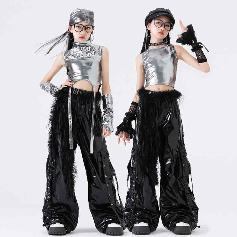ダンス衣装 キッズ 女の子 ヒップホップ ジャズ ストリート クール セットアップ 発表会 ステージ イベント 子供 小学生 中学生 シルバー フード付きベスト ブラック フェイクレザーパンツ