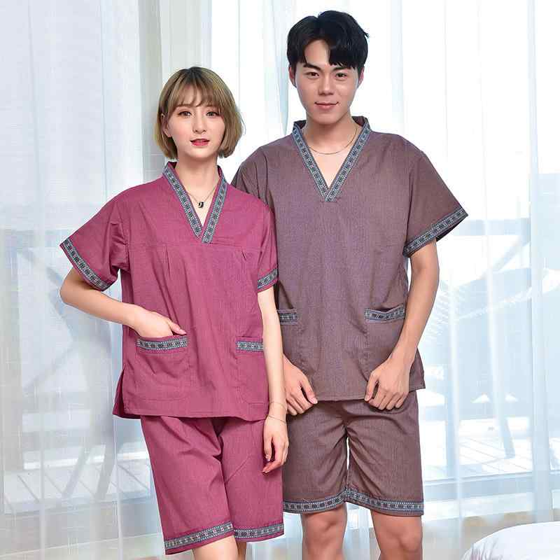 ルームウェア 男女兼用 綿100% セットアップ エスニック 半袖 ショート丈 プルオーバー 湯上がり着 サウナウェア マッサージ エステ 施術着 春夏