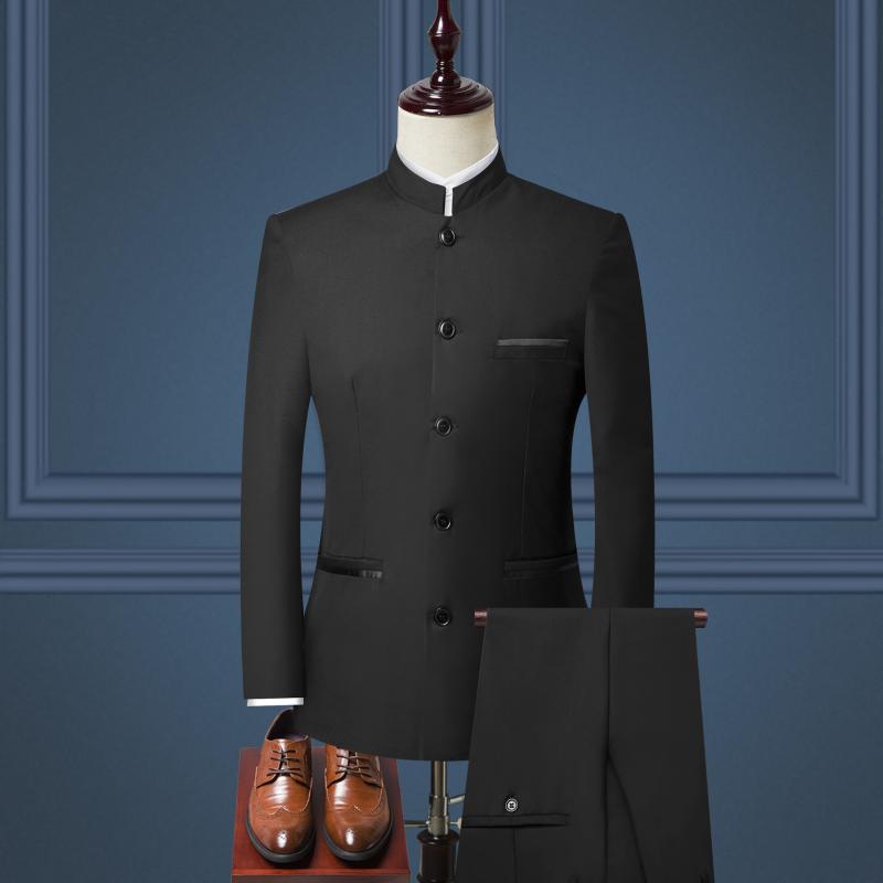 スーツ セットアップ メンズ スリムフィット 韓国風 立襟 礼服 スリーピース ジャケット ベスト パンツ 綿混素材 春秋 結婚式 二次会 パーティー カジュアル ブラック ワインレッド ネイビー