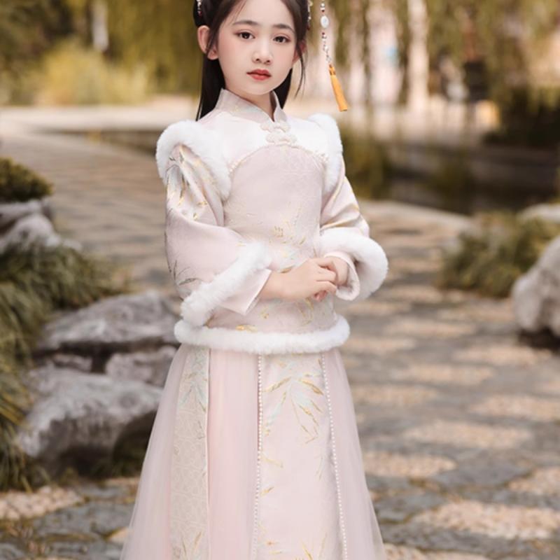 漢服 キッズ 女の子 春 厚手 裏起毛 柔らかい お正月 年賀 新年祝い 中国風 古典柄 唐装 花柄 プリンセス かわいい ドレス ファー襟付き ポリエステル素材 6,010円