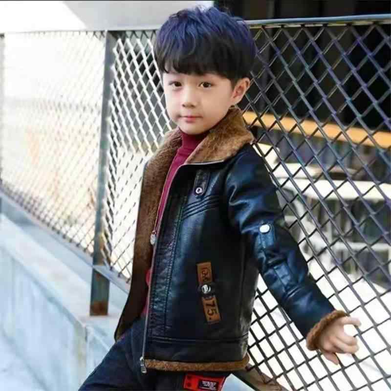キッズ 男の子 アウター フェイクレザー ジャケット 冬物 裏ボア 裏起毛 厚手 暖かい 防寒 長袖 ミドル丈 襟付き ジップアップ 韓国風 カジュアル お出かけ