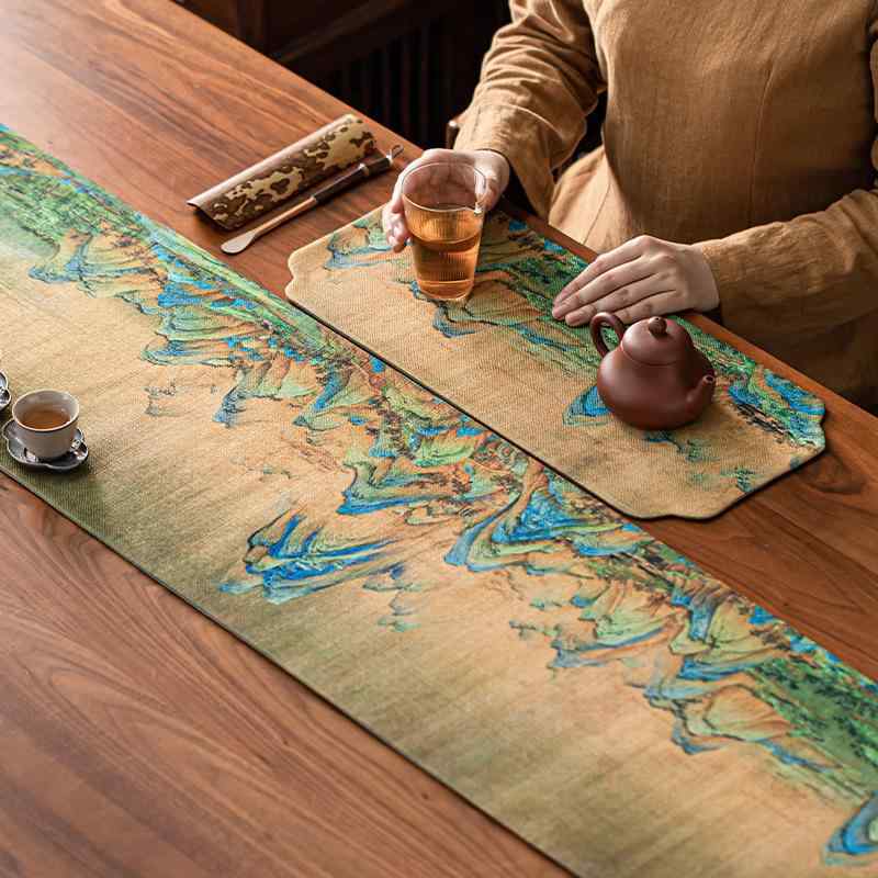 テーブルランナー 防水 千里江山図柄 新中式スタイル 禅テイスト ファブリック製 ポリエステル素材 お茶席用 ダイニングテーブル リビング 書斎 マルチカバー