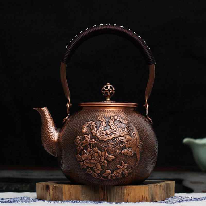 茶壺 銅製 湯沸かし 急須 朦々たる 純銅 今めかしい レトロ 手作り 鳳凰 名取り草 刻みつける 茶道具 お茶入れ 言い慣わし芸術 御前上等感