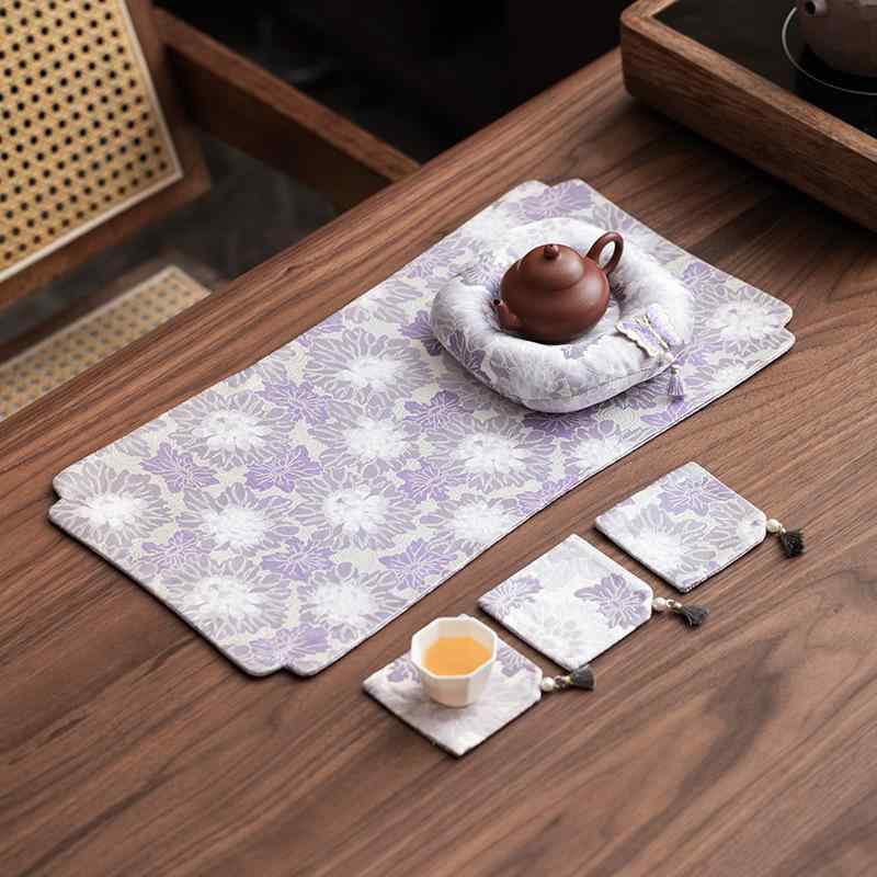 茶席 紫嫣 織錦 蓮 地紋 高級感 ハンドメイド 和モダン ファブリック 急須敷き コースター テーブルランナー 乾泡茶マット 茶道具 茶道 おしゃれ インテリア ギフト