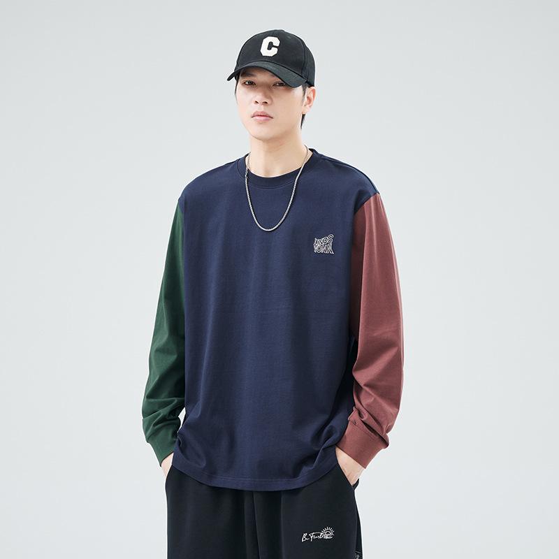 Tシャツ メンズ 長袖 ゆったり ビッグシルエット コットン100% 配色切り替え ラウンドネック トレンド アメカジ カジュアル 春秋 トップス