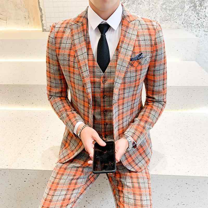 スーツ メンズ 形態安定 ビジネス カジュアル 韓国ファッション スリムフィット 大きいサイズ ビッグサイズ チェック柄 スリーピース セットアップ 春秋 フォーマル ジャケット ベスト パンツ|モズラボ