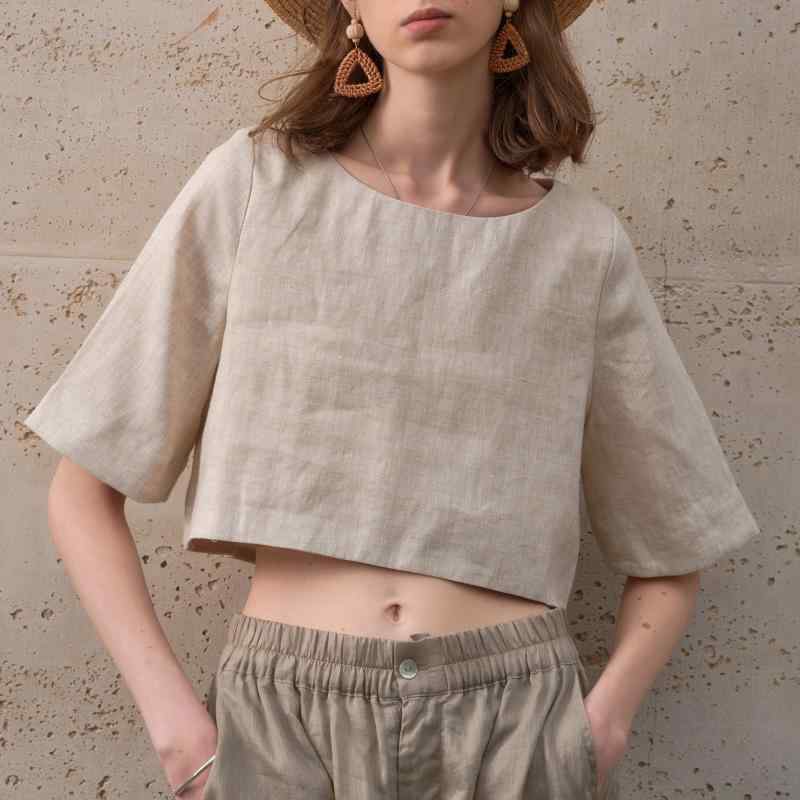 Tシャツ レディース 高級感 純リネン ゆったり クルーネック 5分袖 ショート丈 春夏 フレンチスタイル 通勤 オフィス カジュアル 上品 エレガント ホワイト ベージュ