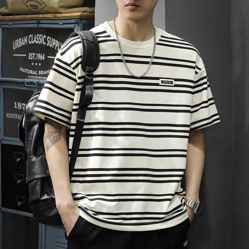 Tシャツ メンズ ストライプ 半袖 吸湿速乾 通気性 ビッグサイズ ゆったり マリンボーダー 切り替えデザイン ラウンドネック プルオーバー 綿混 アメカジ 部屋着 夏物 ベージュ系 ブラウン系