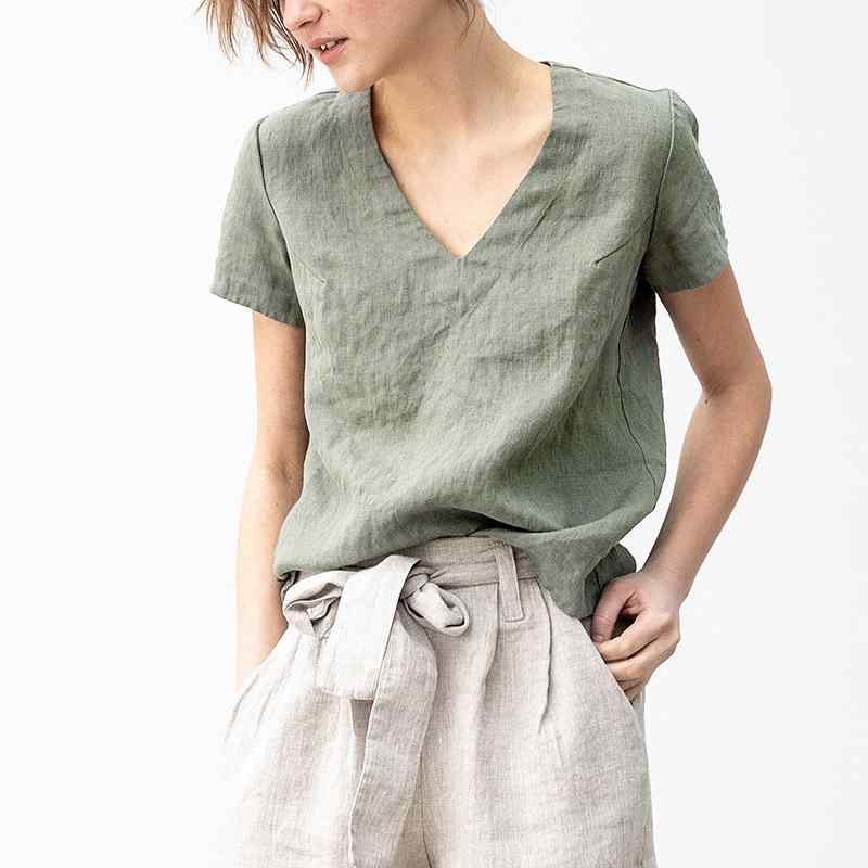 Tシャツ レディース 体型カバー Vネック 半袖 リネン トップス 無地 ゆったり シンプル カジュアル 大人シンプル 春夏 着回し抜群 デイリーユース 快適