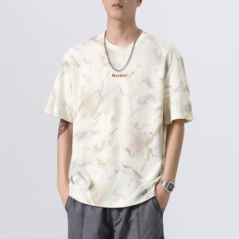 Tシャツ メンズ 接触冷感 吸汗速乾 薄手 ゆったり ルーズフィット アメカジ カジュアル フェイクダメージ ウォッシュ加工 プリント クルーネック 半袖 コットンブレンド 春夏