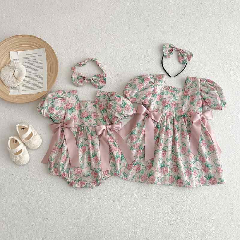 ベビー 女の子 半袖 ロンパース ワンピース コットン100% 韓国子供服 春夏 ベロアローズ柄 0歳から3歳 姉妹 お揃い かわいい おしゃれ 普段着 お出かけ ルームウェア 肌に優しい