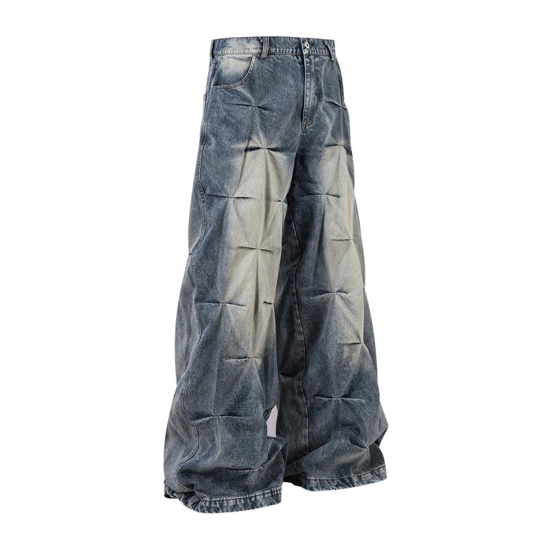 デニムパンツ メンズ ストリート系 クール ヴィンテージ加工 ウォッシュ加工 ルーズフィット ワイドシルエット 高級感 カジュアル ミドルライズ オールシーズン