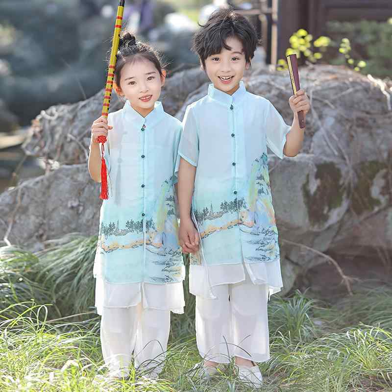 キッズ 漢服 男の子 女の子 春夏 中国風 唐装 古典風 薄手 柔らかい 綿混 ポリエステル 発表会 舞台衣装 民族ダンス イベント コスプレ 上下セット