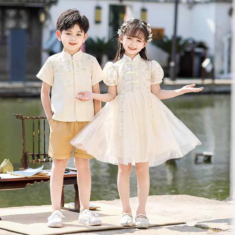 漢服 キッズ 御嬢さん 小学生 古筝発表会 社交ダンスお召しもの コーラス 演芸 一こまお召しもの 中一般大衆国風 出来事 かき鳴らす会 フォーマル もの柔らか 綿織物原材料 春夏 浴衣-キッズ・ベビー・マタニティ-和服