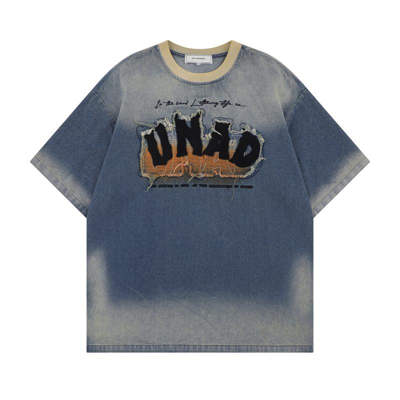 Tシャツ メンズ 春夏 アメカジ ヴィンテージ ウォッシュ加工 アップリケ刺繍 デニム 半袖 クルーネック ビッグシルエット アルファベットロゴ カジュアル デイリー ストリート カップル ペア ルームウェア