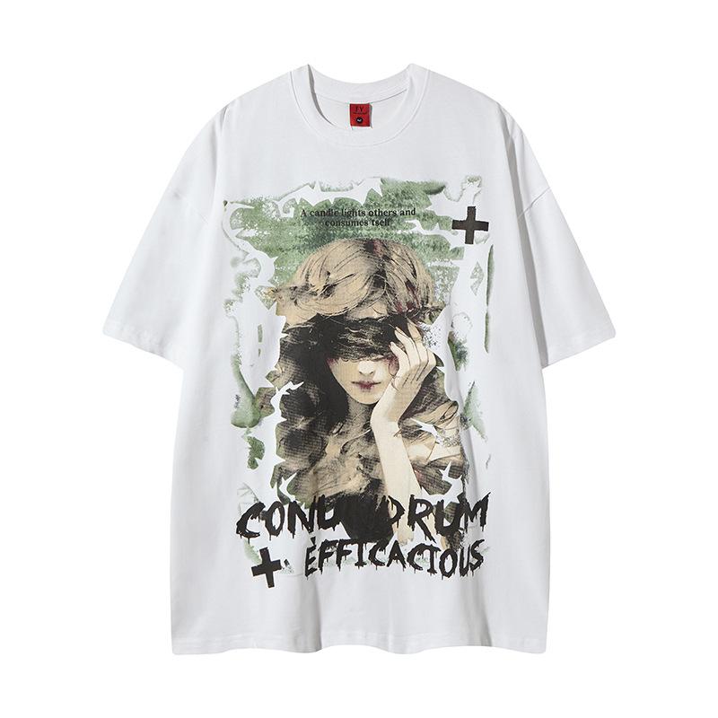 Tシャツ メンズ 春夏 クルーネック 半袖 色落ちしにくい ウォッシュ加工 綿100% 人物プリント ストリート系 ビッグシルエット カジュアル デイリーユース 10代 20代向け