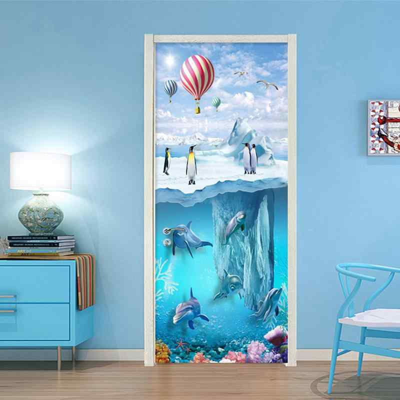 ウォールステッカー 3D 氷山 ペンギン 海 アニマル 自己粘着 PVC製 貼るだけ簡単 模様替え リフォーム ドアシート ドアステッカー 壁紙デコレーション リビング 寝室 玄関 書斎 ダイニング 装飾