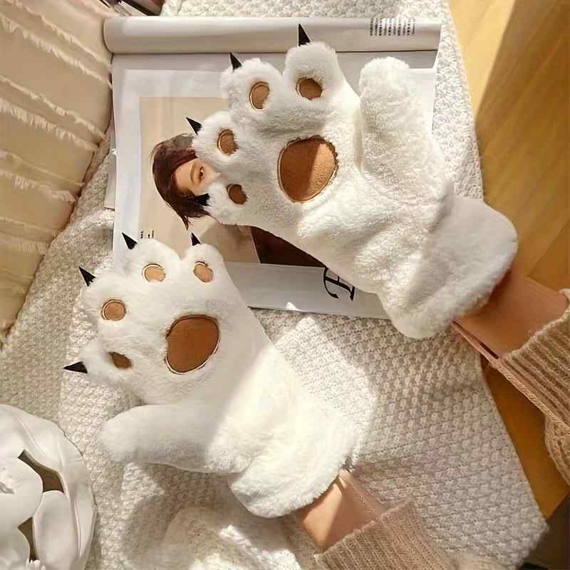 手袋 ミトン レディース メンズ ユニセックス 防寒 保温 厚手 もこもこ ファー クマの手 猫の肉球デザイン 2点セット ブラック カーキ ホワイト グレー ピンク カジュアル 秋冬 かわいい 欧米風