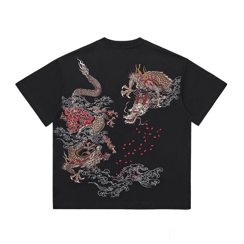Tシャツ メンズ 通気性 厚手 綿100% ゆったり ドロップショルダー ビッグシルエット カスタム刺繍 中国風 ドラゴン 凝った刺繍 クルーネック オールシーズン デイリー カジュアル