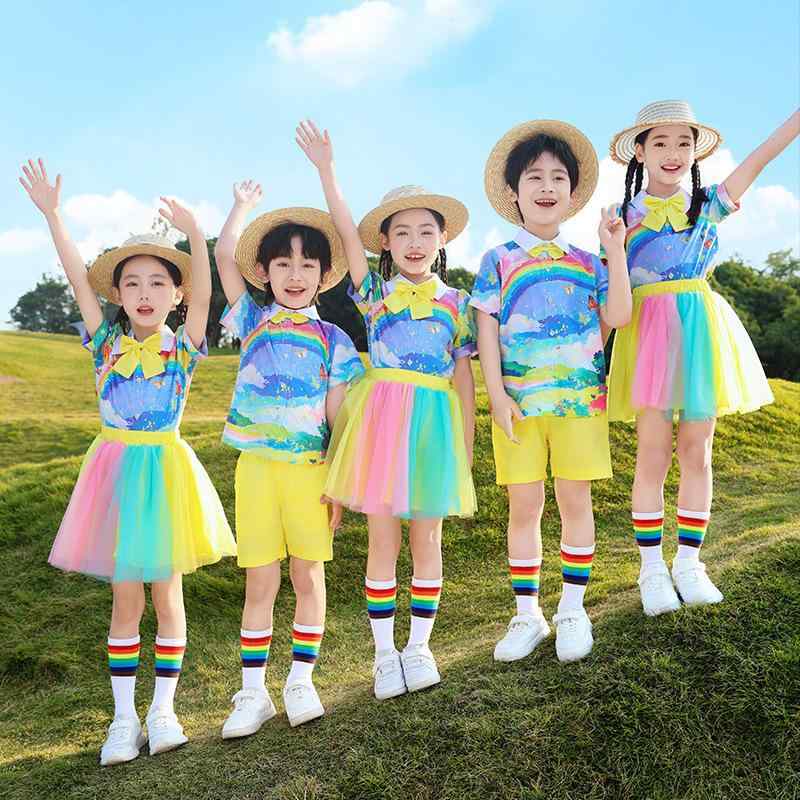 スクールユニフォーム キッズ 男の子 女の子 柔らか 綿混 チアリーダー衣装 レトロ 香港スタイル 花柄 半袖シャツ 幼稚園 小学生 中学生 春夏 体育祭 運動会 発表会 クラスTシャツ 上下セット