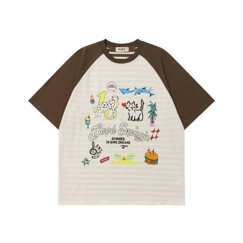 Tシャツ メンズ 綿100% アメリカンヴィンテージ レトロ 配色切り替え かわいい 猫 犬 プリント 半袖 ゆったり ビッグシルエット クルーネック カジュアル 普段着 リラックスウェア カップル ペア お揃い 夏服