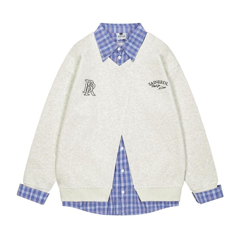 スウェット メンズ レディース 裏起毛 フェイクレイヤード 切り替え ポロ襟 シャツ 刺繍 アメリカンレトロ カレッジ風 ゆったり ビッグシルエット カジュアル 綿 秋冬
