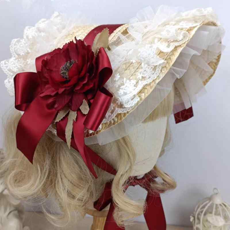 麦わら帽子 レディース ロリータ ボンネット アンティーク調 UVカット 日よけ 遮光 春夏 ハンドメイド 花飾り レース リボン 紐付き お茶会 プリンセス ガーリー リゾート 森ガール スウィート フェミニン|モズラボ