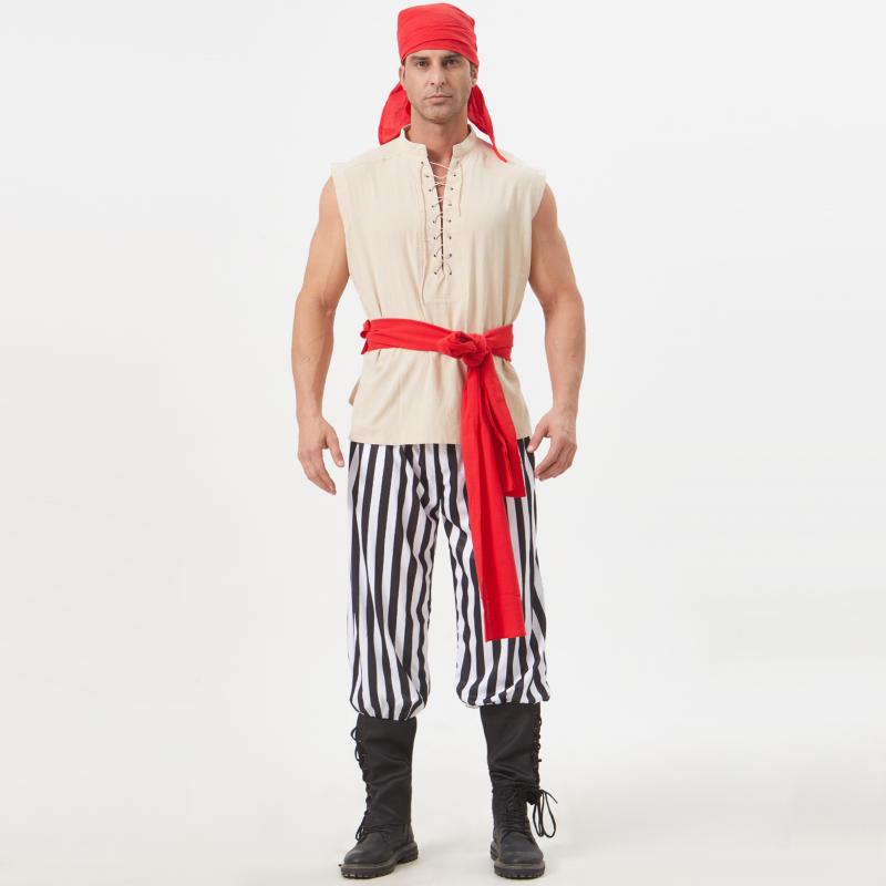 コスプレ メンズ 男性用 中世 欧米 ファンタジー パイレーツ 三色 レトロ 舞台衣装 演劇衣装 レギンスパンツ ジャガード織り ポリエステル ストライプ柄