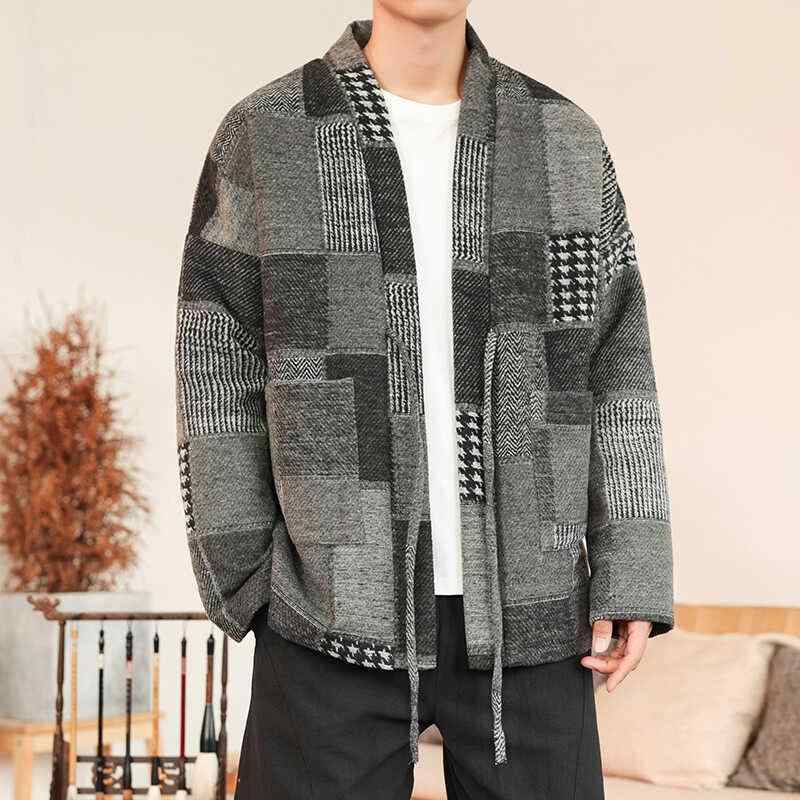 ジャケット メンズ 春秋 薄手 ノーカラー ゆったり チェック柄 切り替え 新中華風 ウールライク レトロ カジュアル 韓国ファッション イージーケア アウター ブルゾン