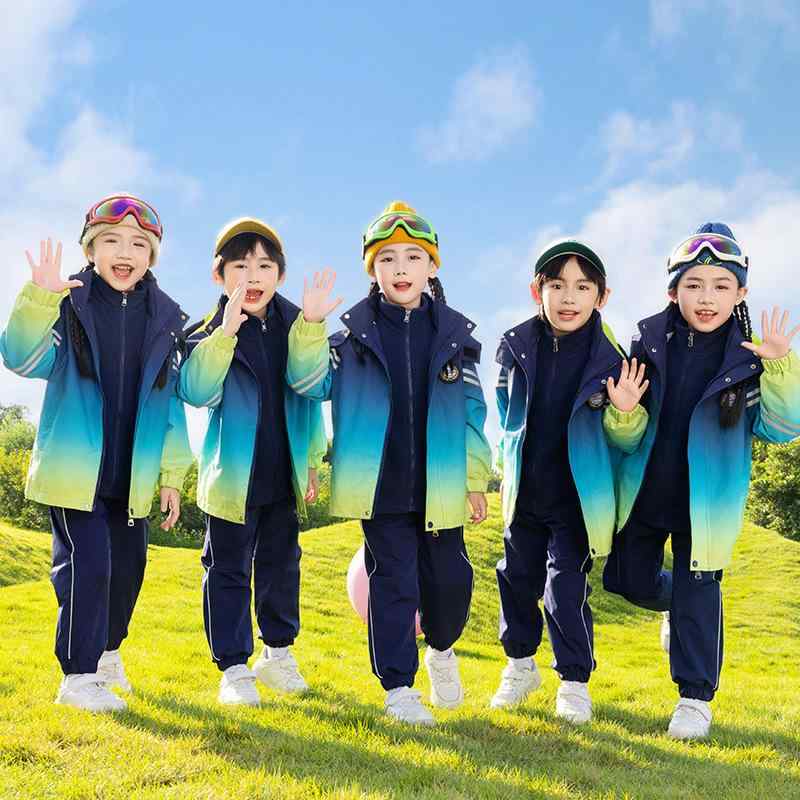 スクールウェア キッズ 小学生 幼稚園 男女兼用 秋冬 厚手 保温 防寒 ウインドブレーカー フード取り外し可能 フルジップ 3点セット 通学 制服 スポーツウェア 長袖 ロングパンツ ポリエステル素材
