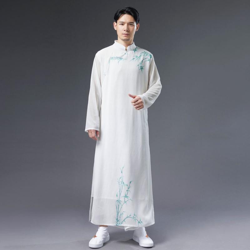 漢服 メンズ 男性用 中国風 レトロ 復古 立ち襟 スタンドカラー 斜め前合わせ チャイナボタン シフォン ポリエステル 墨絵 竹柄 ホワイト 白色 フォーマル パーティー イベント 民族衣装