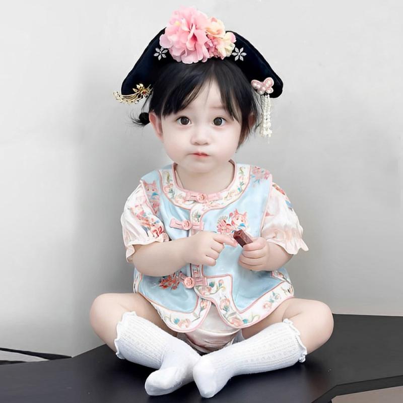 ロンパース ベビー 女の子 チャイナドレス風 漢服 中国風 カバーオール 春夏 半袖 薄手 綿混 ポリエステル セット 赤ちゃん服 新生児服 お出かけ 普段着