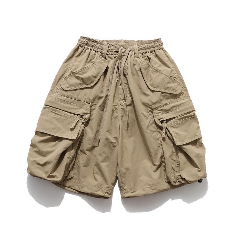 カーゴハーフパンツ メンズ 通気性 ストレッチ 春夏 レトロ 多ポケット ストレート ゆったり ウエストゴム カジュアル 普段着 部屋着 黒 緑 カーキ