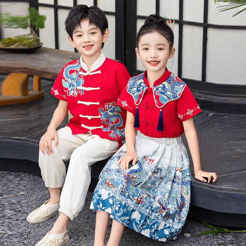 快適な着心地 衣装 キッズ ジュニア 男女兼用 漢服 馬面裙 幼稚園 園服 制服 発表会 イベント クラス服 小学生 中学生 夏服 半袖 スカート コットン 柔らかな肌触り 2点セット